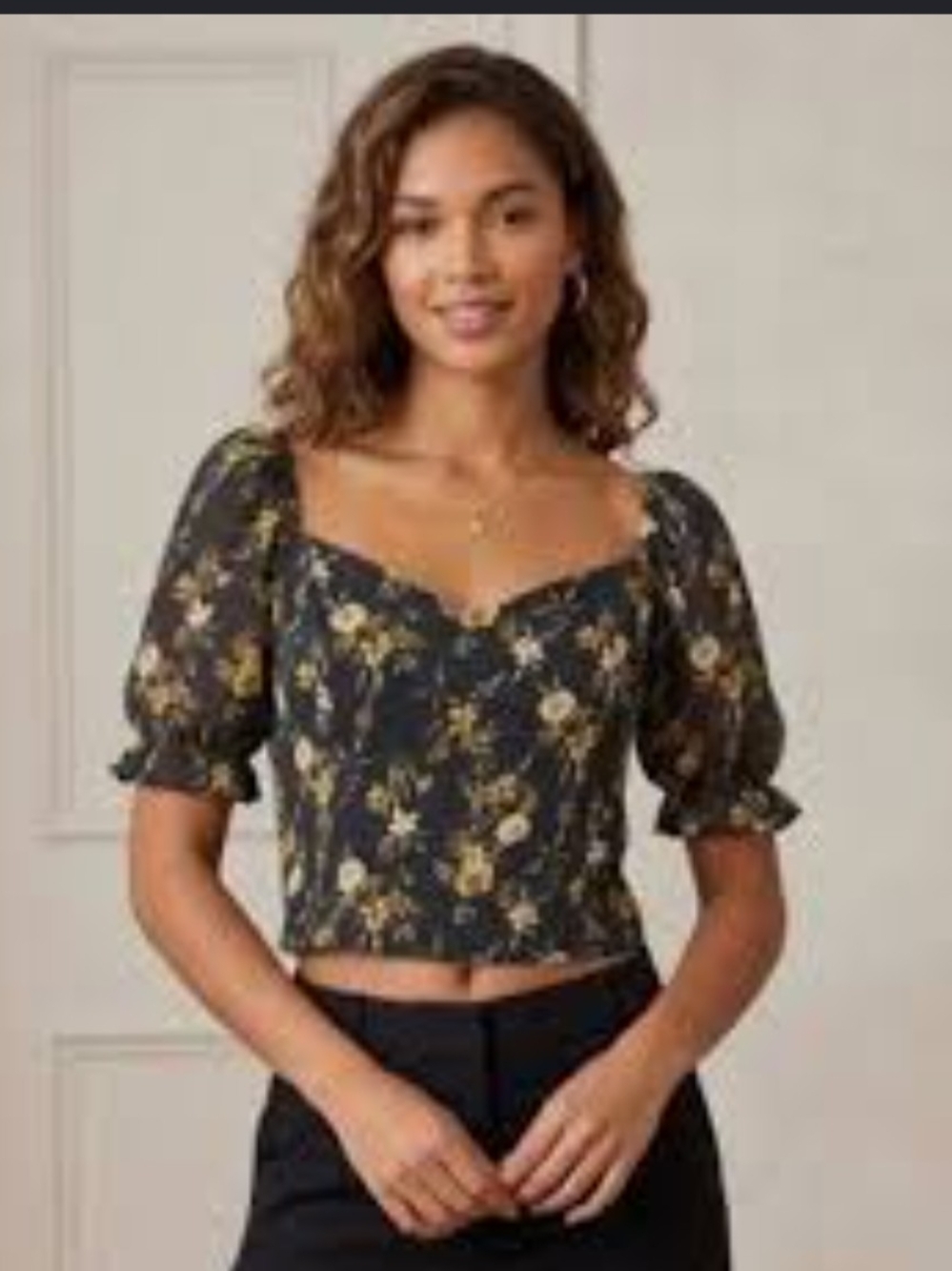 Abercrombie & Fitch Smocked Crop Top Blouse Grey Yellow Floral Size S